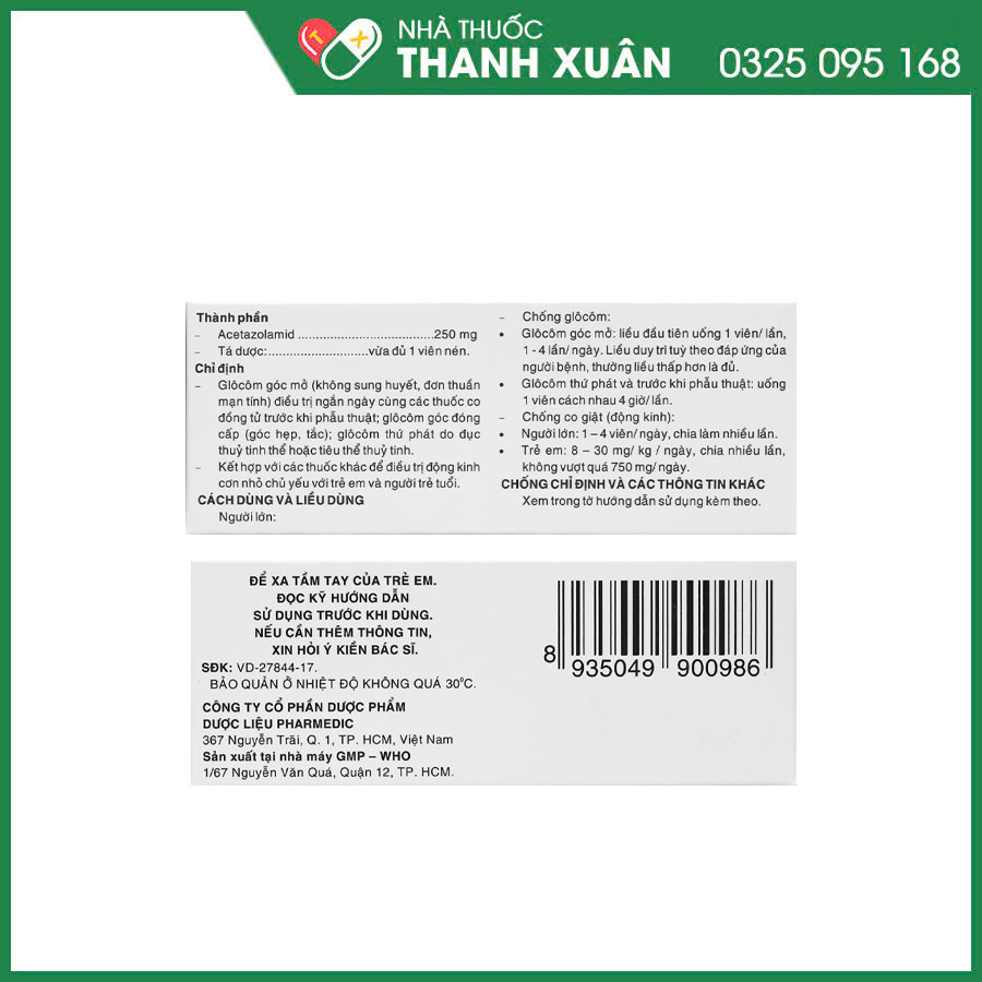 Acetazolamid thuốc điều trị Glôcôm góc mở, glôcôm góc đóng cấp; glôcôm thứ phát và các cơn động kinh nhỏ